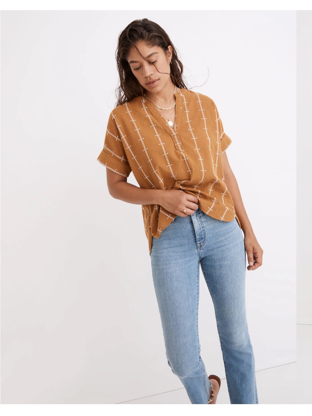 Madewell lakeline popover top shirttail jacquard stripes antique gold